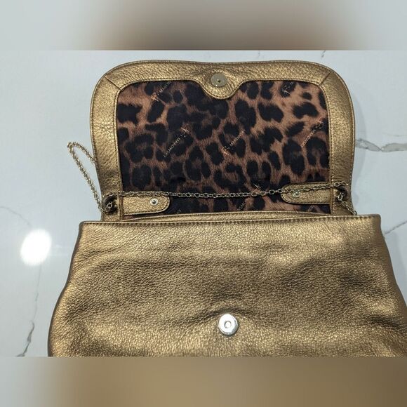 B Makowsky Gold buttery soft Leather Clutch Bag chain handle leopard lining New - Picture 7 of 13